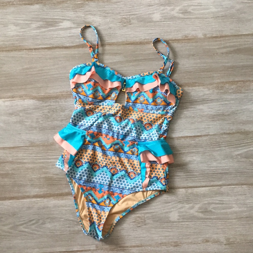 MINKPINK Multicolor Ruffled One-Piece Swimsuit - Blue, Peach, Yellow